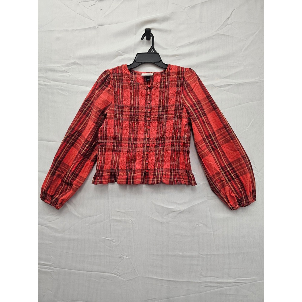 Universal Thread Red Plaid Smocked Button Front Blouse Top 013 02 8459 Mens M